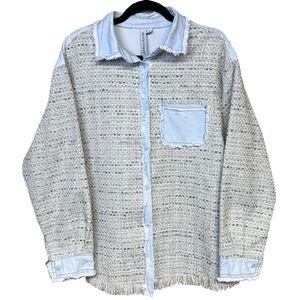 Grace + Karma Boucle Tweed and Denim Blue Shirt Jacket Oversized Boxy Western L